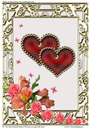 A4 Two Red Jeweled Hearts & Flowers on Light Soft Grey