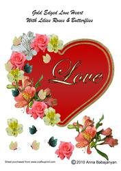 Gold Edged Love Heart with Lilies Roses & Butterflies