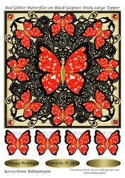 Red Glitter Butterflies on Black Guipure Doily Large Topper