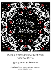 Black & White Christmas Card Front with Red Berries