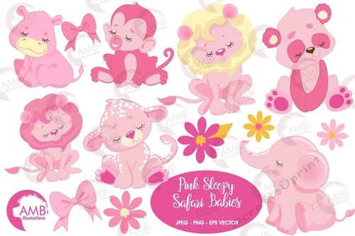 Sleepy Jungle Pink Animals Clipart AMB-2629