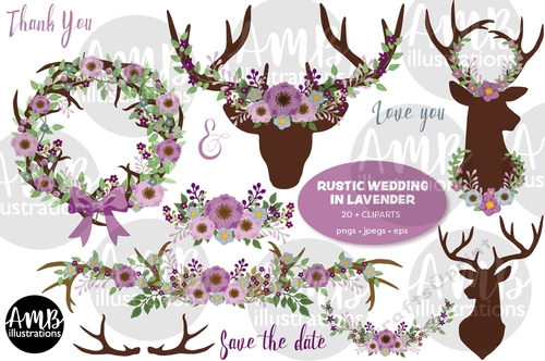 Antler Rustic Wedding in Lavenders Clipart AMB-2760