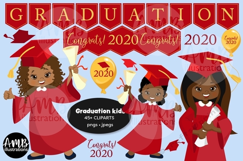 Graduation Kids in Red Gowns Clipart AMB-2783 