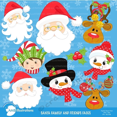 Christmas faces clipart, Christmas Santa clipart, graphics, illustratins AMB-197