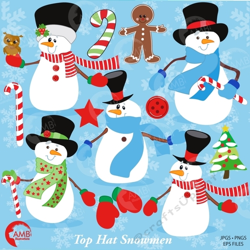 Christmas Snowmen in top hats clipart, graphics, illustrations, AMB-502