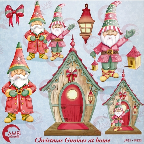 Christmas gnomes clipart watercolor, Christmas bird house clipart, Gnomes clipart, Christmas elf clipart, AMB-1543