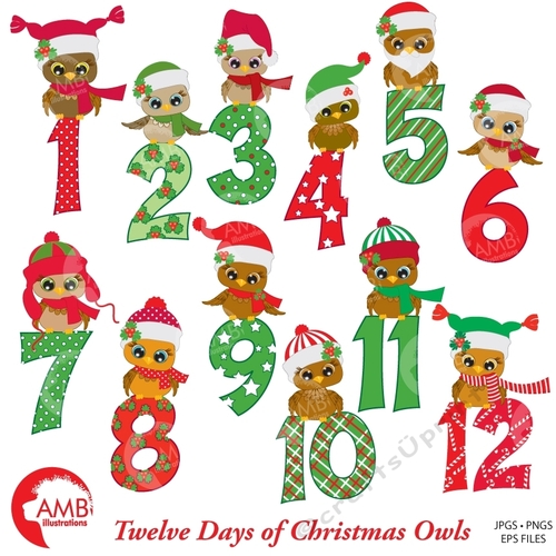 Christmas Clipart, Christmas Owls with Numbers Clipart, 12 Days of Christmas, Commercial Use, Instant Download, AMB-361