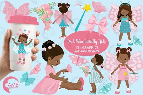 Dark Skin Butterfly Girls Clipart AMB-1084