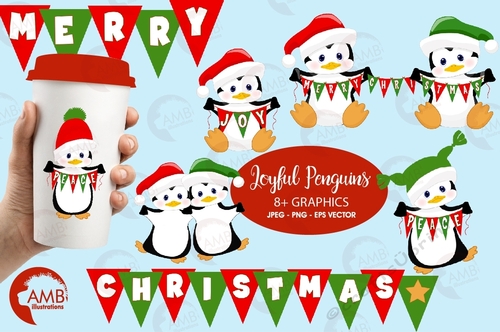 Joyful Christmas Penguin Clipart AMB-1128