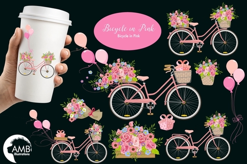 PInk Bicycle Floral Clipart AMB-1323