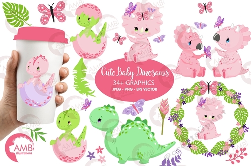 Cute Baby Girl Dinosaurs Clipart AMB-2421