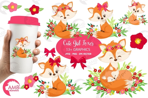 Cute Girl Foxes wil Red Flowers Clipart AMB-2451