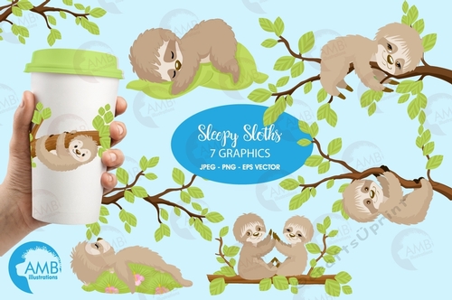 Sleepy sloth clipart, sloth clipart for scrapbooking, Cupcake Toppers, Paper Crafts, AMB-2200