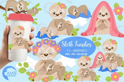 Sleepy sloth clipart, sloth family, sloth babies clipart, sloth mama and babies for scrapbooking, Cupcake Toppers, Paper Crafts, AMB-2201