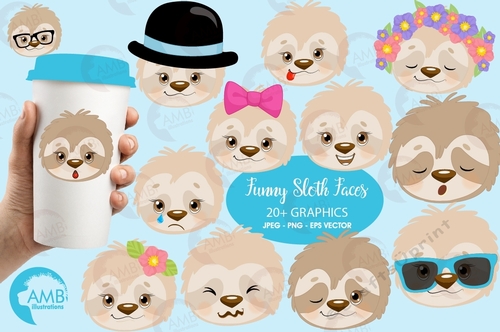 Sleepy sloth faces clipart, emoji faces, sloth emoji clipart, emojis for scrapbooking, animal emojis, AMB-2203