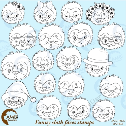 Funny sloth faces stamps, Sloth faces stamps clipart, AMB-2204
