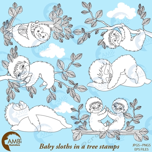 Sleepy sloth stamps, sloth stamps, sleepy sloth digital stamps, sloth family, sloth babies stamps, Cupcake Toppers, Paper Crafts, AMB-2205