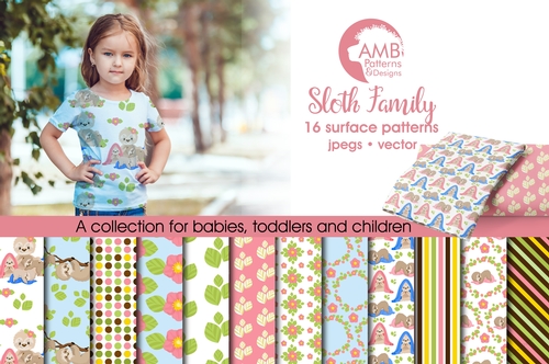 Sleepy Sloth Family Digital Papers, Sloth babies digital backgrounds, Cute sloth pattern papers for cards and crafts, Comm Use, AMB-2207