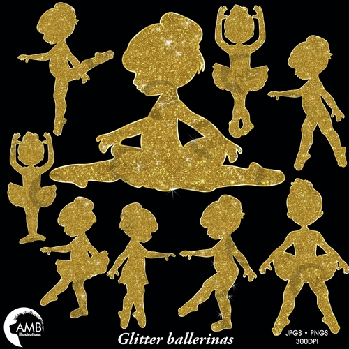 Ballerina Silhouette Clipart, Glitter silhouettes, Glitter clipart, Ballet silhouettes in Gold Glitter Clipart, AMB-2224