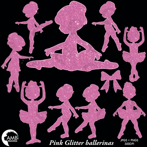 Ballerina Silhouette Clipart, Glitter clipart, Glitter Ballet dancers, Ballet silhouettes in Pink Glitter Clipart, AMB-2225