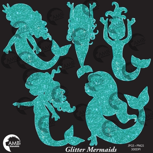 Mermaid silhouette clipart, Mermaid in glitter, silhouette clipart, mermaid silhouettes, glitter mermaid, instant download, AMB-2227