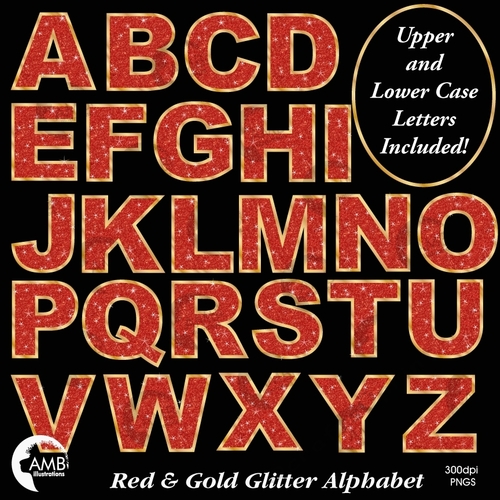 Red and gold glitter alphabet clipart, Red and gold glitter letters clipart, AMB-2230