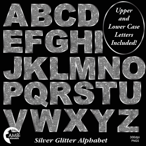 Silver glitter alphabet clipart, Silver glitter letters clipart, AMB-2232