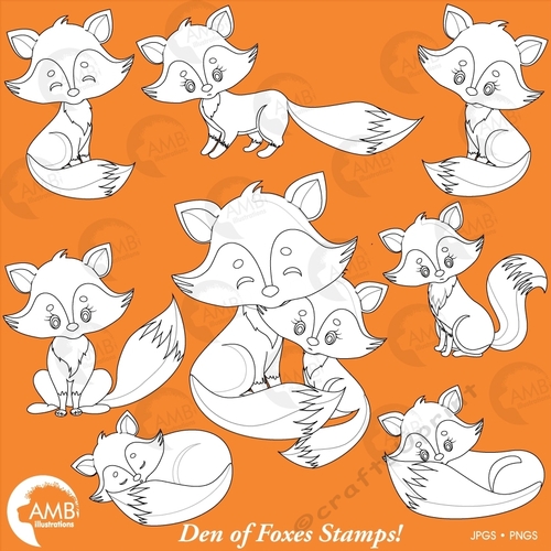 Fox Digital Stamps, Cute Fox Clipart, Fox Love Stamps, Mother and Baby Fox, Forest Creatures, Forest Critters, AMB-2236