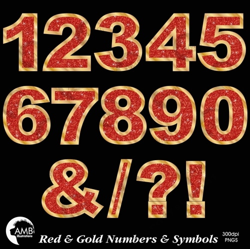 Red and gold numbers and symbols clipart, Red and gold numbers clipart, Red and gold symbols clipart, AMB-2238