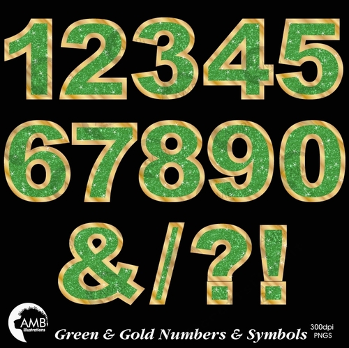 Numbers Clipart, Green and Gold Glitter Numbers and Symbols Clipart, Bokeh Letters, Scrapbooking Graduation, AMB-2239
