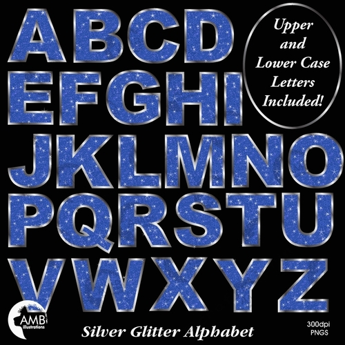 Letter Clipart, Silver and Blue Glitter Alphabet Clipart, Bokeh Clip Art, Scrapbooking, Graduation Letters, AMB-2240