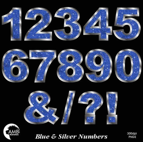 Numbers Clipart, Silver and Blue Glitter Numbers and Symbols Clipart, Bokeh, Scrapbooking Graduation, AMB-2241