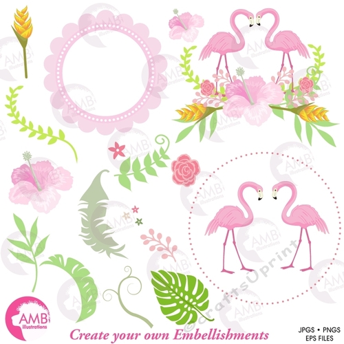 Flamingo Clipart, Pink Flamingo Clipart, Create your own floral frames, Exotic Clipart, Summer Clipart, AMB-2248
