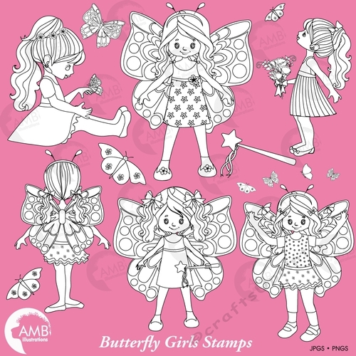 Butterfly Digital Stamps Clipart, Fairy Clipart, Fairy Girls Clipart, Princess Clip art, Butterfly Girls Black Line Clipart, AMB-2252