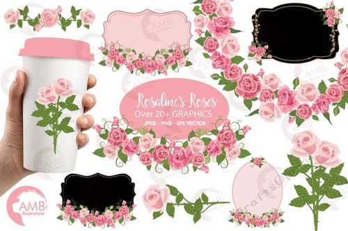 Rose frames and tags clipart, Pink rose clipart, shabby chic roses, single rose clipart, digital clip art, AMB-2255