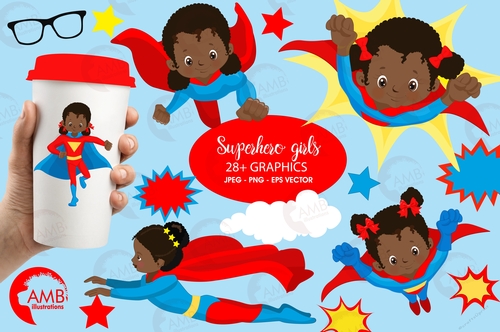 Superhero Clipart, Superhero darks skin girl Clipart, Super Hero Girls Clipart, Superhero, Super Girl, African American girls, AMB-2263