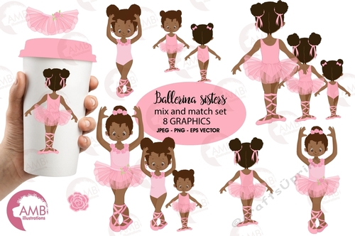 Ballerina sisters clipart, Ballet kids clipart, African American Ballet Clipart, Pink ballerina, Dark skin ballet dancers, AMB-2264