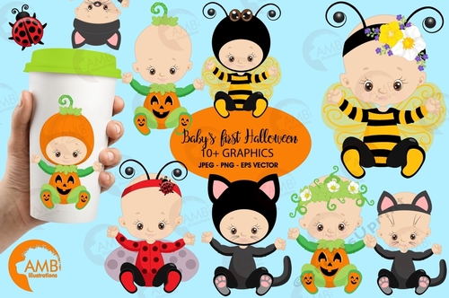 Halloween clipart, Babys first halloween, Black cat clipart, pumpkin costume clipart, Bumble bee clipart, Commercial Use, AMB-2265