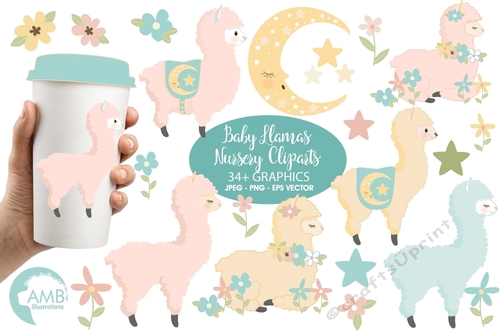 Baby Llama Clip Art, Llama clipart, Baby Alpaca clipart for scrapbooking, Cupcake Toppers, Paper Crafts, AMB-2266