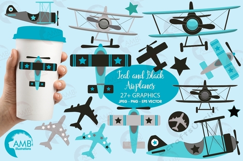 Airplane and biplane clipart, Teal and Black, Plane clipart, Flying machine clipart, Jet Airplane clipart, AMB-2268