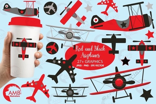 Airplane and biplane clipart, Red and Black, Plane clipart, Flying machine clipart, Jet Airplane clipart, AMB-2269