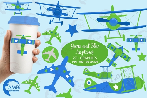 Airplane and biplane clipart, Blue and gree Plane clipart, Flying machine clipart, Jet Airplane clipart, AMB-2270
