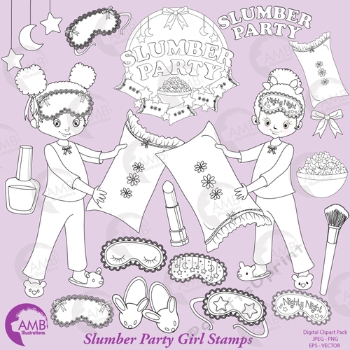 Slumber party stamp, girls sleep over stamps, pyjama party stamps, Birthday party stamps, digital stamps, AMB-2272