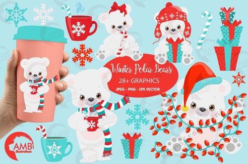 Polar Bear Clipart, Winter bear clipart, Cute baby bears, Baby polar bear, Christmas bear, AMB-2274