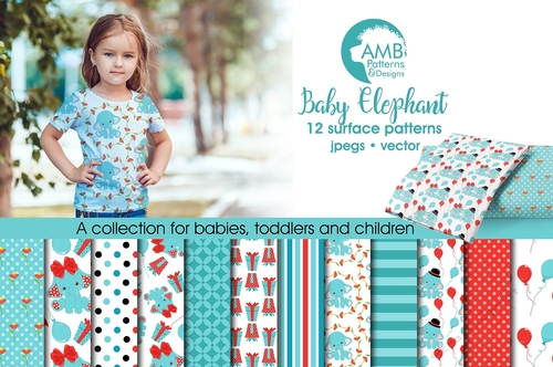 Elephant papers, Elephant in Red and teal papers, Baby elephant patterns, red and teal elephants papers, AMB-2279
