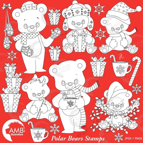 Polar Bear stamps, Winter bear stamp Cute baby bears, Baby polar bear, Christmas bear stamp, AMB-2286