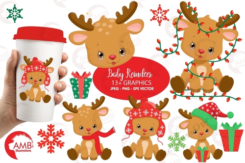 Christmas Clipart, Reindeer Clipart, Baby Reindeer, Santas Reindeer, Rudolph Clipart, Christmas Ornament Clipart, AMB-2288