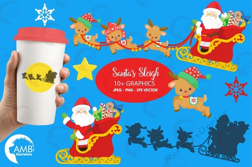 Christmas Clipart, Reindeer Clipart, Santa and Sleigh Clip Art, Christmas Ornament Clipart, AMB-2294