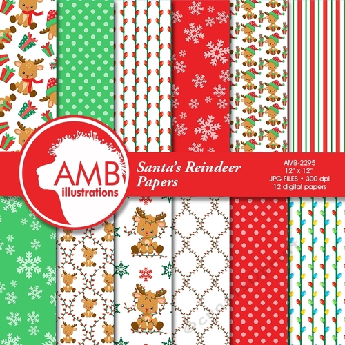 Christmas Digital Paper, Reindeer Christmas Paper, Christmas Images, Rudolph, AMB-2295
