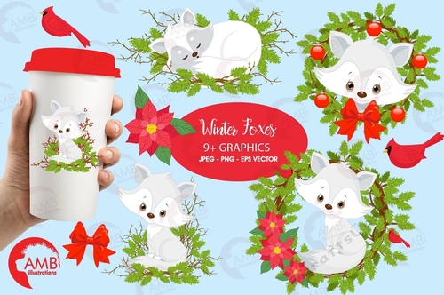 Fox clipart, Cute foxes clipart, Winter fox clipart, Christmas fox, forest creatures, Arctic fox, forest critters, AMB-2298